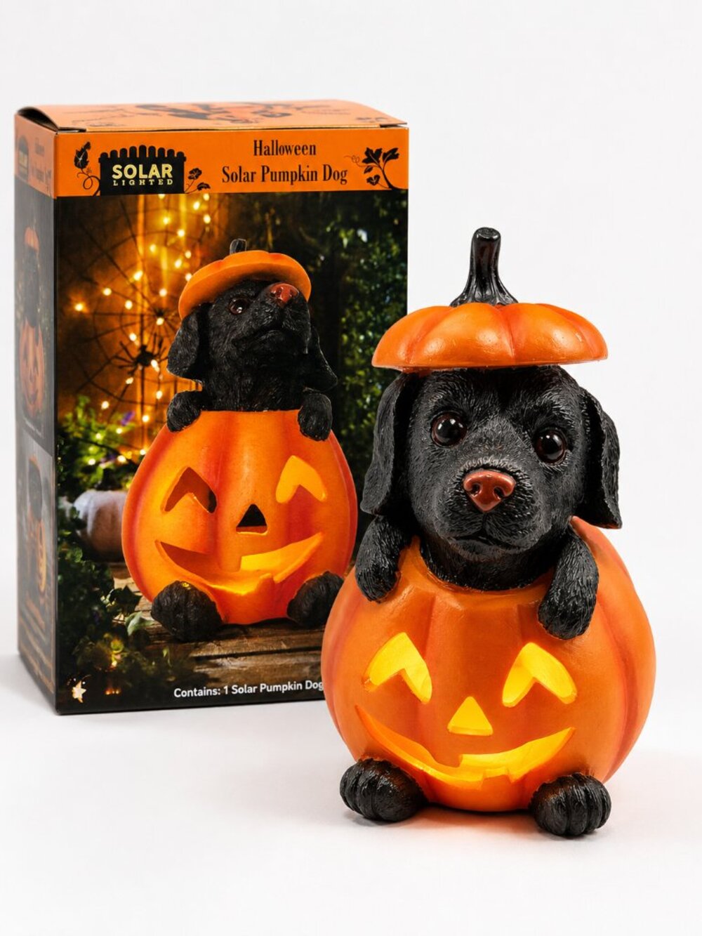Halloween Solar Pumpkin Dog Yard Decor LED Light Outdoor Garden 8" Resin New